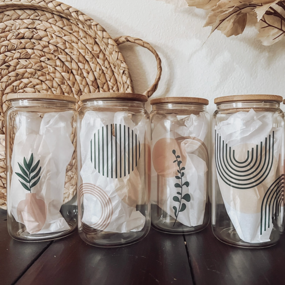 Boho Floral Iced Coffee Glass Cup with Bamboo Lid and Straw | 16oz Beer Can  Glass with Lids and Straw | Can Shaped Glass Soda Can Cup | Glass Tumbler