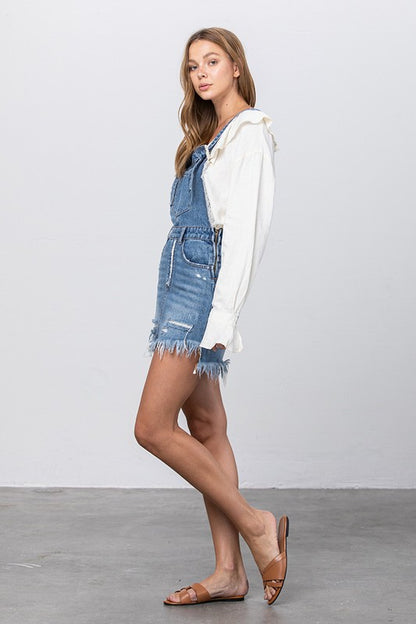 Frayed Denim Overalls Dress