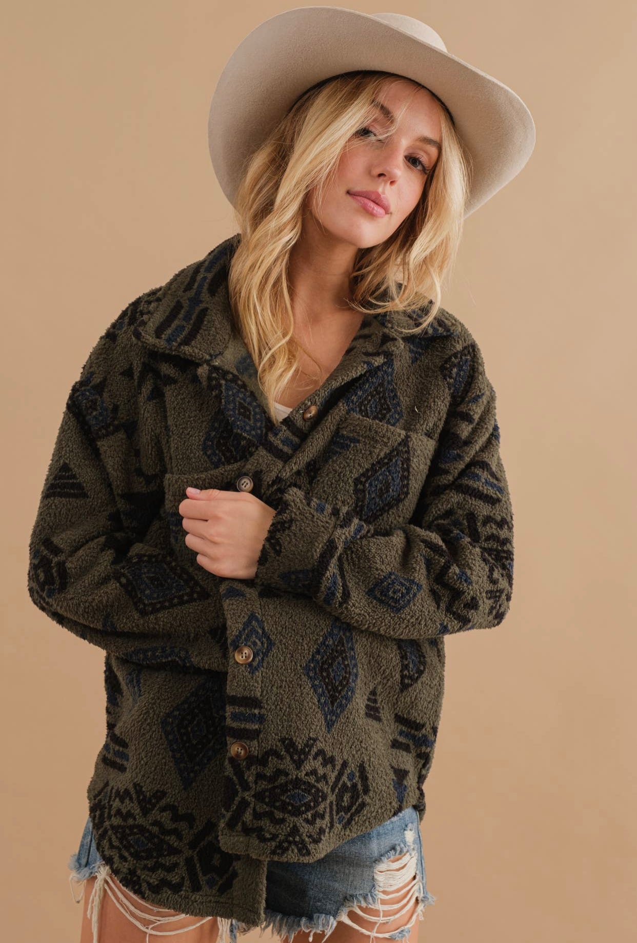 Soft Sherpa Aztec Print Button Up Jacket