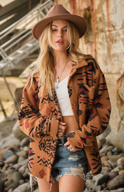 Soft Sherpa Aztec Print Button Up Jacket