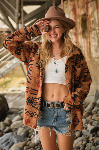 Soft Sherpa Aztec Print Button Up Jacket