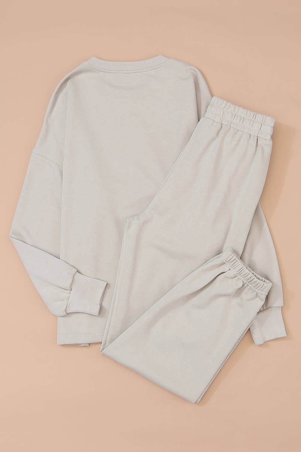 Long Sleeve Top and Drawstring Pants Lounge Outfit - Beige