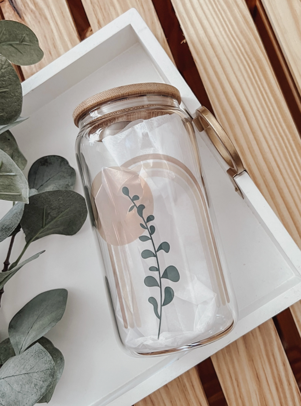 Boho Floral Iced Coffee Glass Cup with Bamboo Lid and Straw | 16oz Beer Can  Glass with Lids and Straw | Can Shaped Glass Soda Can Cup | Glass Tumbler